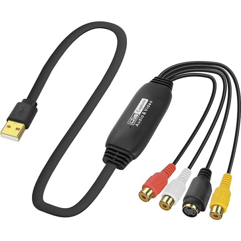 XMSJSIY USB 2.0 garso ir vaizdo įrašymo kortelė S Video RCA į USB skaitmeninį įrašymo įrenginį CVBS VHS VCR skaitmeninis konverteris DVD grotuvui, nešiojamajam kompiuteriui, kompiuteriui, juostos įrašymui - 1,2 m / 3,9 pėdos (S-Video + 3 RCA moterų į