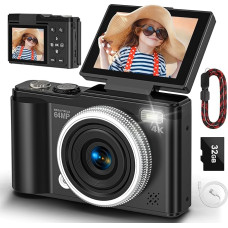 Skaitmeninis fotoaparatas, 4K 64 MP kompaktiškas skaitmeninis fotoaparatas su automatinio fokusavimo ir makro funkcija, 180° sulankstomas ekranas, nešiojamasis asmenukių fotoaparatas nuotraukoms ir vaizdo įrašams su 32 GB SD kortele pradedantiesiems ir pa