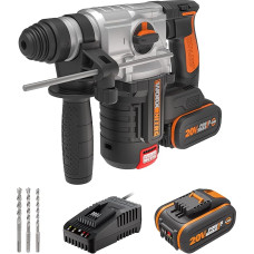 WORX NITRO WX380 20 V akumuliatorinis gręžtuvas su plaktuku - skirtas gręžimui, gręžimui plaktuku ir kaltavimui - bešepetėlinis variklis - nuolatinis greičio reguliavimas - suderinamas su įvairiais audiniais - 2 x 4Ah akumuliatoriai ir