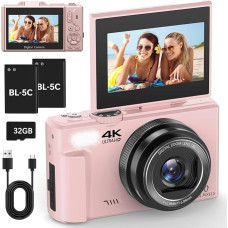 4K skaitmeninis fotoaparatas su WLAN 64 MP fotoaparatas Skaitmeninis fotoaparatas 3 colių automatinio fokusavimo fotoaparatas su 180° atlenkiamu ekranu, 18 kartų skaitmeniniu priartinimu, su 32 GB kortele, 2 baterijomis, rožinės spalvos