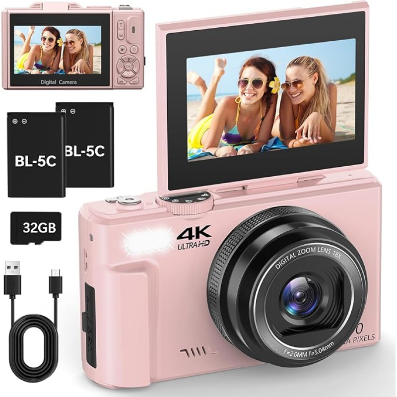 4K skaitmeninis fotoaparatas su WLAN 64 MP fotoaparatas Skaitmeninis fotoaparatas 3 colių automatinio fokusavimo fotoaparatas su 180° atlenkiamu ekranu, 18 kartų skaitmeniniu priartinimu, su 32 GB kortele, 2 baterijomis, rožinės spalvos