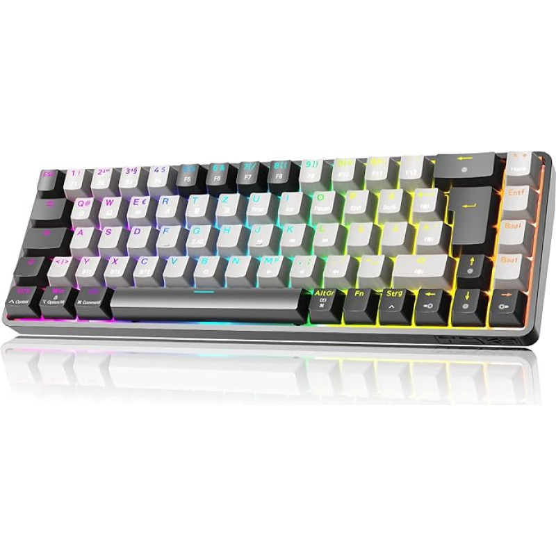 TMKB T68-D belaidė mechaninė 60 % žaidimų klaviatūra, trijų režimų (BT5.0/2.4GHz/USB-C), vokiškas QWERTZ išdėstymas, RGB apšvietimas, raudonas jungiklis - juoda/pilka