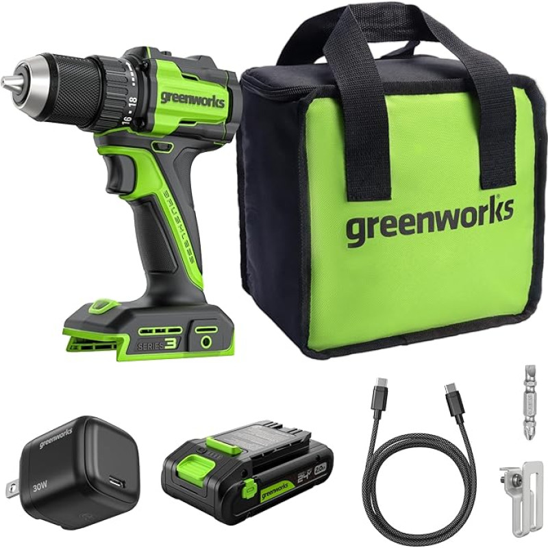 Greenworks 24V Akku-Bohrschrauber Bürstenlos 45 Nm, Leichtgewicht, LED-Licht, 18+1 Drehmomentstufen, inkl. 2.0Ah USB-C Akku (12.000 mAh Powerbank) ir 30W USB-C Ladegerät DD345