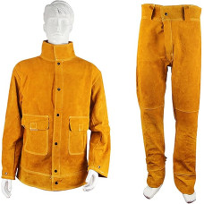 Schwere Leder-Schweißerjacke, Schweißerjacke und -Hose aus Leder, hitze- und flammbeständig, gelb, mehrere Größen(L)