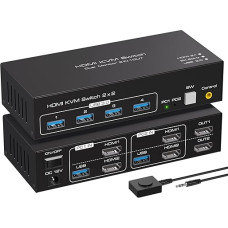 VPFET 4K120Hz HDMI KVM jungiklis 2 kompiuteriams 2 monitoriams 8K60Hz KVM jungikliai HDMI 2 kompiuteriams 2 monitoriams su 4 USB 3.0 prievadais Palaiko kopijavimą ir išplėstinį rodymą bei darbalaukio valdymą