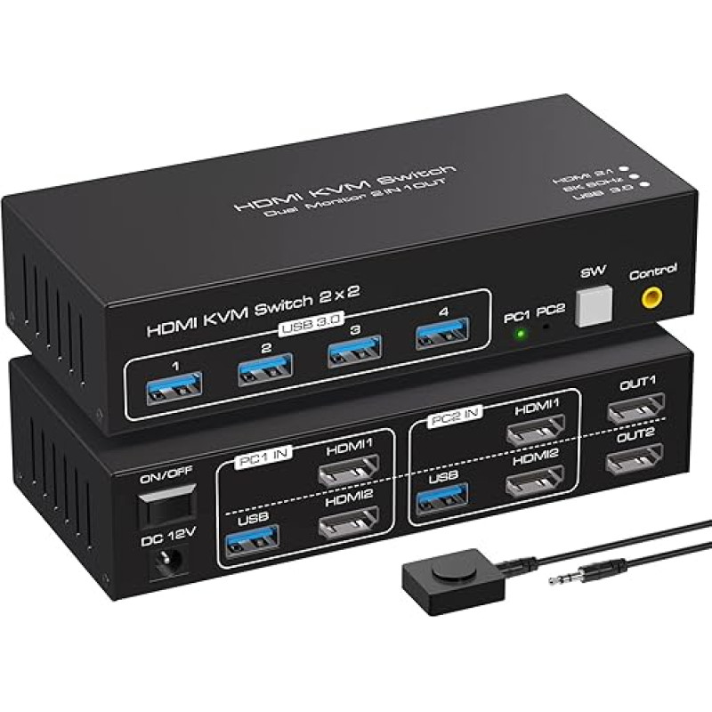 VPFET 4K120Hz HDMI KVM jungiklis 2 kompiuteriams 2 monitoriams 8K60Hz KVM jungikliai HDMI 2 kompiuteriams 2 monitoriams su 4 USB 3.0 prievadais Palaiko kopijavimą ir išplėstinį rodymą bei darbalaukio valdymą