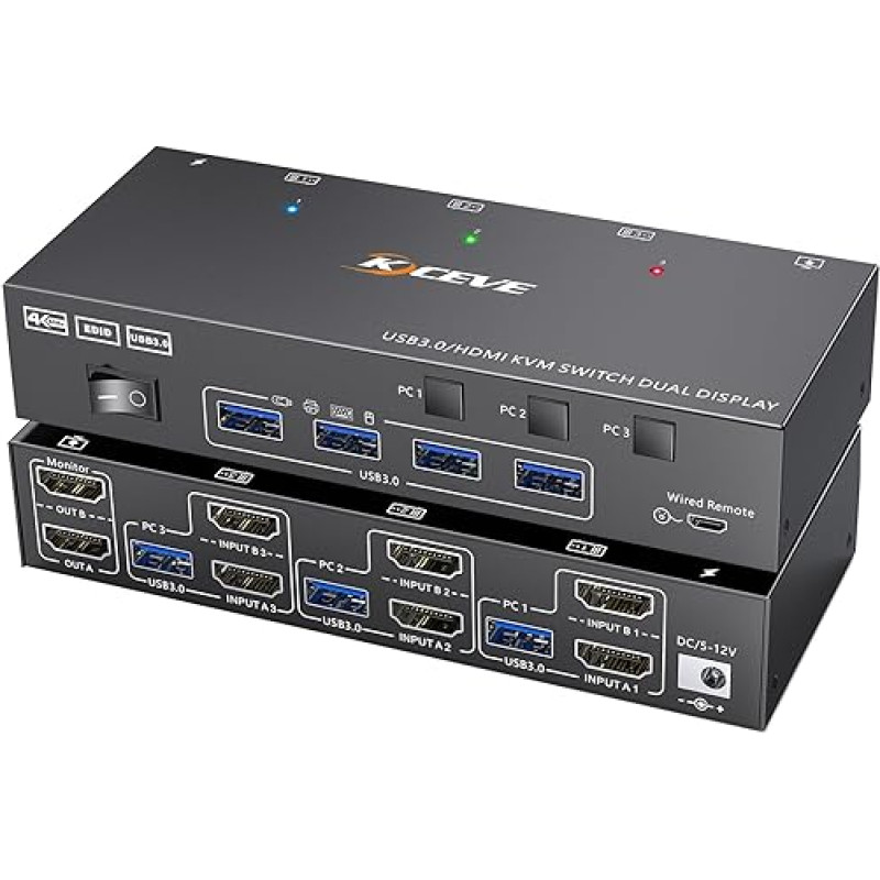HDMI KVM jungiklis 2 monitoriams 3 kompiuteriams, palaiko 4K@60Hz, EDID emuliatorius, USB 3.0 KVM jungiklis dviems monitoriams 3 kompiuteriams, skirtas dalytis 2 monitoriais ir klaviatūra bei pele, su laidine jungtimi