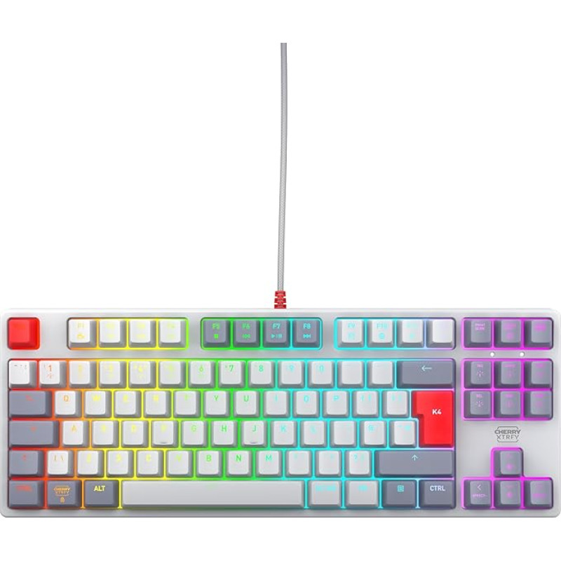 CHERRY XTRFY K4V2 TKL laidinė žaidimų klaviatūra be skaičių klaviatūros, UK išdėstymas (QWERTY), pritaikomas RGB apšvietimas, mechaniniai MX2A RED jungikliai, retro
