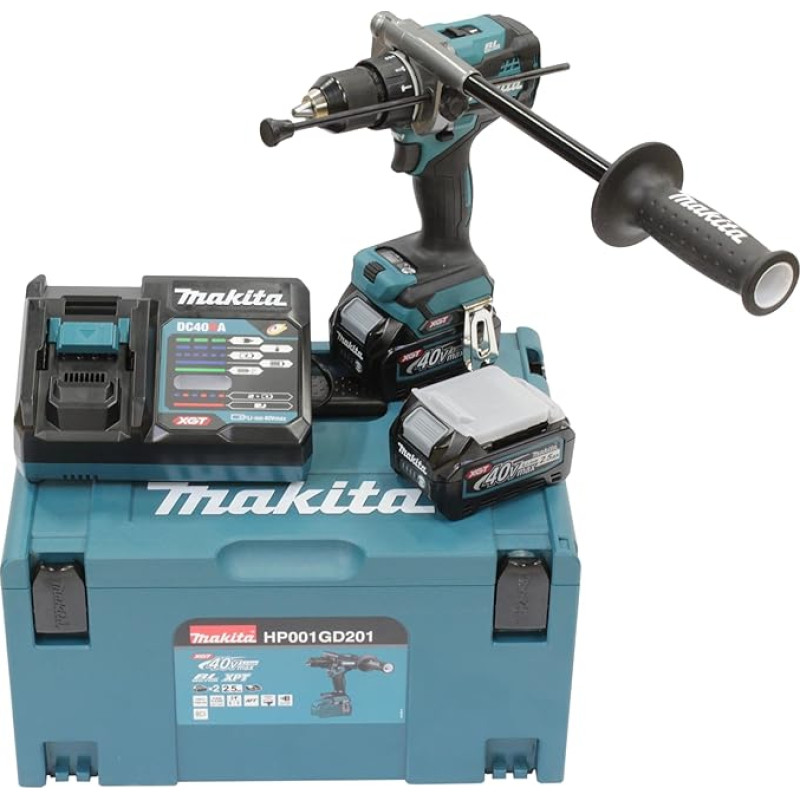 Makita HP001GD201 Akumuliatorinis smūginis gręžtuvas 40 V Max. / 2,5 Ah 2 akumuliatoriai + įkroviklis Makpac Benzinas