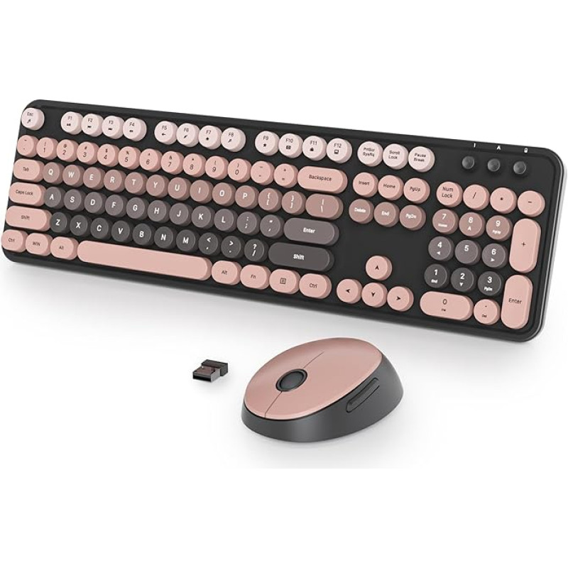 Belaidė klaviatūra ir pelė, 104 pilno dydžio rašomosios mašinėlės klaviatūra su skaičių klaviatūra, 2,4 GHz spalvotos klaviatūros ir pelės rinkinys, belaidis su apvaliais klavišais, skirtas 