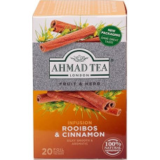 Ahmad Tea Rooibos & Cinnamon - vaisių ir žolelių arbata be kofeino - Rooibos ir cinamonas - individualiai suvynioti, aromatingi, sandariai uždaryti arbatos maišeliai su 2 g arbatos vienoje porcijoje - 20 arbatos maišelių su juostele