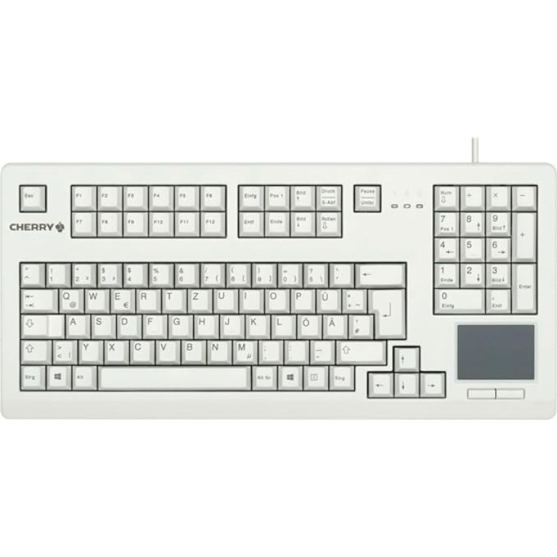 CHERRY G80-11900 Kompaktiška mechaninė klaviatūra su skaičių klaviatūra, jutikliniu kilimėliu ir 2 pelės mygtukais, ES išdėstymas (QWERTY), USB prievadas, MX Black jungikliai, šviesiai pilka