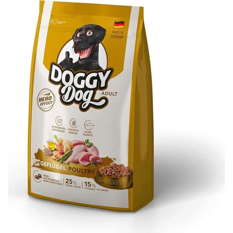 DOGGY Dog Adult Poultry, 1 kg, sausas maistas suaugusiems šunims su lašišų aliejumi, be grūdų, pagamintas Vokietijoje