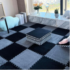 Plüsch Schaum Fußmatten 12 Stück ineinandergreifende Schaumstoff-Puzzle-Fußmatten, Plüschschaum-Fußmatten, Flauschige Kletterteppiche, Heimdekoration Schaumteppich(Gray+Black)