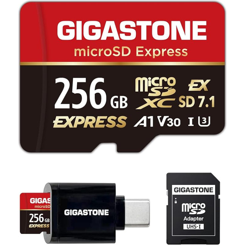 GIGASTONE 256GB microSD Express + USB-C kortelių skaitytuvas + SD adapteris, iki 880/650 MB/s, MicroSDXC Express atminties kortelė SD 7.1, suderinama su 