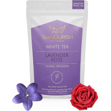 TeaNOURISH Lavender Rose White Tea | Darjeeling Silver Needles White Loose Leaf Tea, sumaišyta su levandomis, rožių žiedlapiais, ramunėlėmis ir mėlynomis rugiagėlėmis - 50g