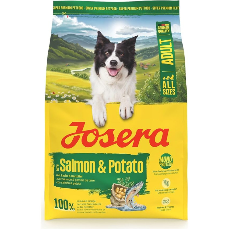 JOSERA Adult Salmon & Potato (1 x 3 kg) | Aukščiausios kokybės sausas maistas suaugusiems šunims (taip pat ir senjorams) | Monoproteinai - 100 % lašišos | Mažai baltymų | Be grūdų | Šunų maistas | Pakuotė po 1 vnt.