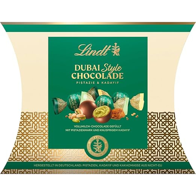 Lindt šokoladas | Dubajaus stiliaus šokoladinių pagalvėlių mišinys | 149 g | Šokoladiniai rutuliukai su unikaliu pistacijų kremo ir traškių kadayifų įdaru | Šokoladinė dovana