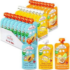 FruchtBar -Bio Squeeze Mix 24 vienetų mišinys 3 skirtingų rūšių vaisių tyrelės kūdikiams nuo 6 mėnesių ir vaikams (ekologiškas išspaudų mišinys 