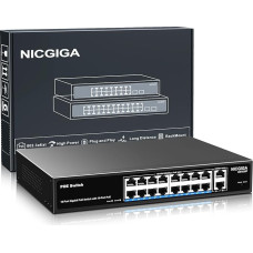 16 prievadų Gigabit PoE komutatorius, nevaldomas, 16 prievadų PoE+@250W, 2 Gigabit Uplink prievadai, NICGIGA 18 prievadų Gigabit tinklo maitinimo per Ethernet komutatorius, VLAN režimas, 19 colių stovo montavimas, Plug and Play.