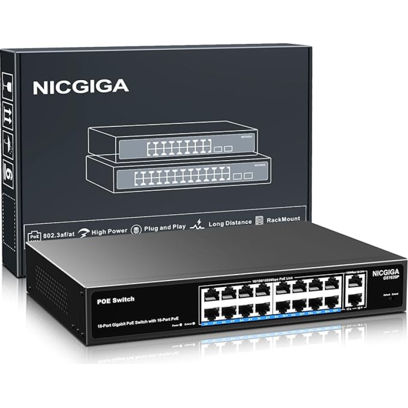 16 prievadų Gigabit PoE komutatorius, nevaldomas, 16 prievadų PoE+@250W, 2 Gigabit Uplink prievadai, NICGIGA 18 prievadų Gigabit tinklo maitinimo per Ethernet komutatorius, VLAN režimas, 19 colių stovo montavimas, Plug and Play.