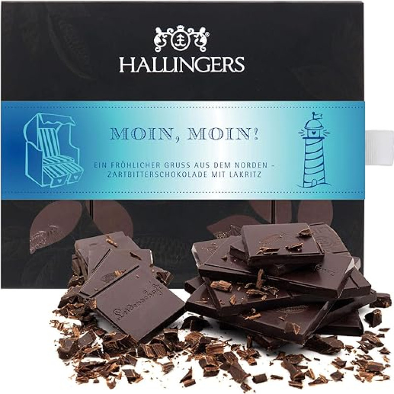 Hallingers Moin, Moin! Vegan Chocolate Dark Fine Cocoa with Liquorice - Handmade, Alcohol-free (Box) - Gift in Summer & as a Perfect Barbecue Gift | Birthday Congratulations Anniversary Genesun