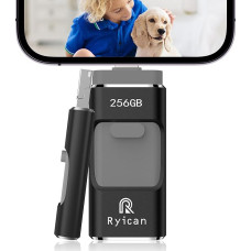 USB Stick for Phone Ryican 256 GB Memory Stick for iOS Password Protected Files 4 in 1 USB 3.0 Photostick Pendrive USB C for OTG Android/Laptop/PC/Pad, Data Copied with One Click (256G, Black)
