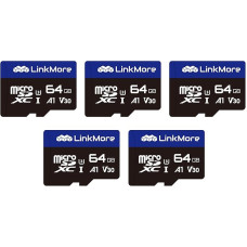 LinkMore 64GB (5-Pack) MicroSD Memory Card XV13, MicroSDXC A1 UHS-I U3 V30 Class 10, Read up to 95MB/s, Write up to 45MB/s, SD Adapter Included