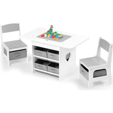 Vaikų stalo ir 2 kėdžių rinkinys, 2-in-1 plastikinių statybinių kaladėlių rinkinys, suderinama veikla, su 6 laikymo dėžutėmis, vaikų baldai, dovana berniukams ir mergaitėms (pilka)
