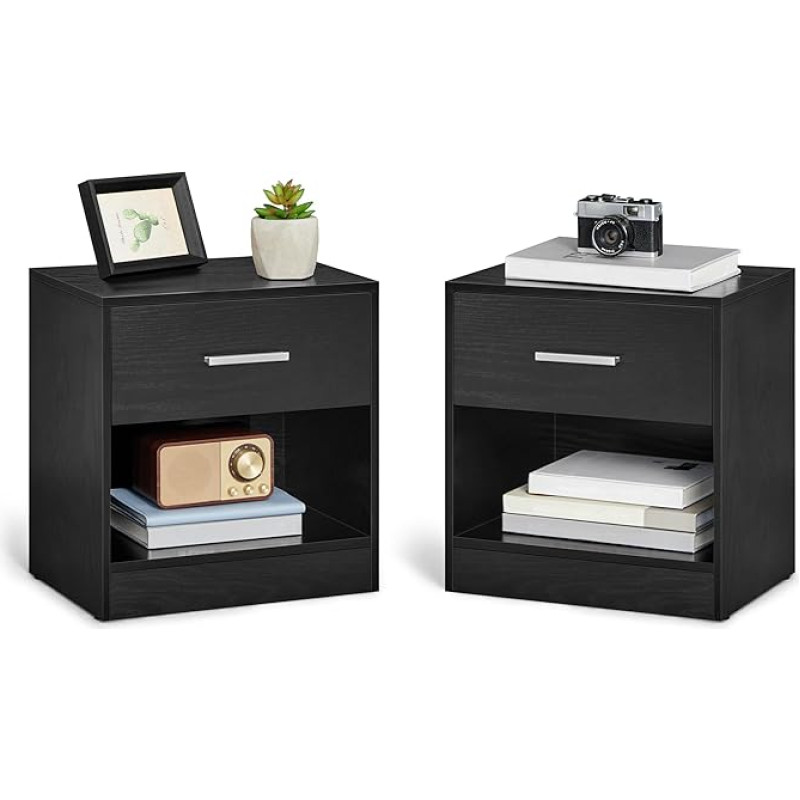 VASAGLE naktinis staliukas, 2 dalių rinkinys, staliukas su stalčiumi, rankena, atviru skyriumi, kavos staliukas, skirtas miegamajam, svetainei, klasikinės juodos spalvos, LET819T56