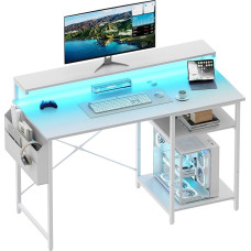 Desk, Computer Desk with LED and Monitor Stand, PC Table with 2 Shelves and Storage Bag for Study and Bedroom, 100 x 48 x 74 cm, Sturdy Metal Frame, White