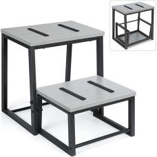 LIANTRAL 2 laiptelių taburetės suaugusiesiems ir vaikams, tvirtas metalinis rėmas, medinė lenta, laiptelių taburetės pagalbininkė, išlaiko iki 160 kg svorį, pėdutės, 2-in-1 dizainas, taburetė, pilka