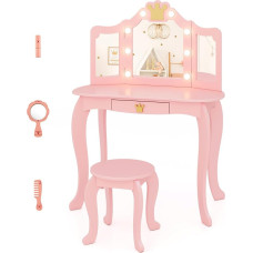 COSTWAY Vaikų tualetinis staliukas su apšvietimu, mergaičių tualetinis staliukas su trigubu sulankstomu veidrodžiu ir stalčiumi, medinis kosmetinis staliukas su taburete, vaikiškas makiažo staliukas vaikams nuo 3 metų (rožinis)