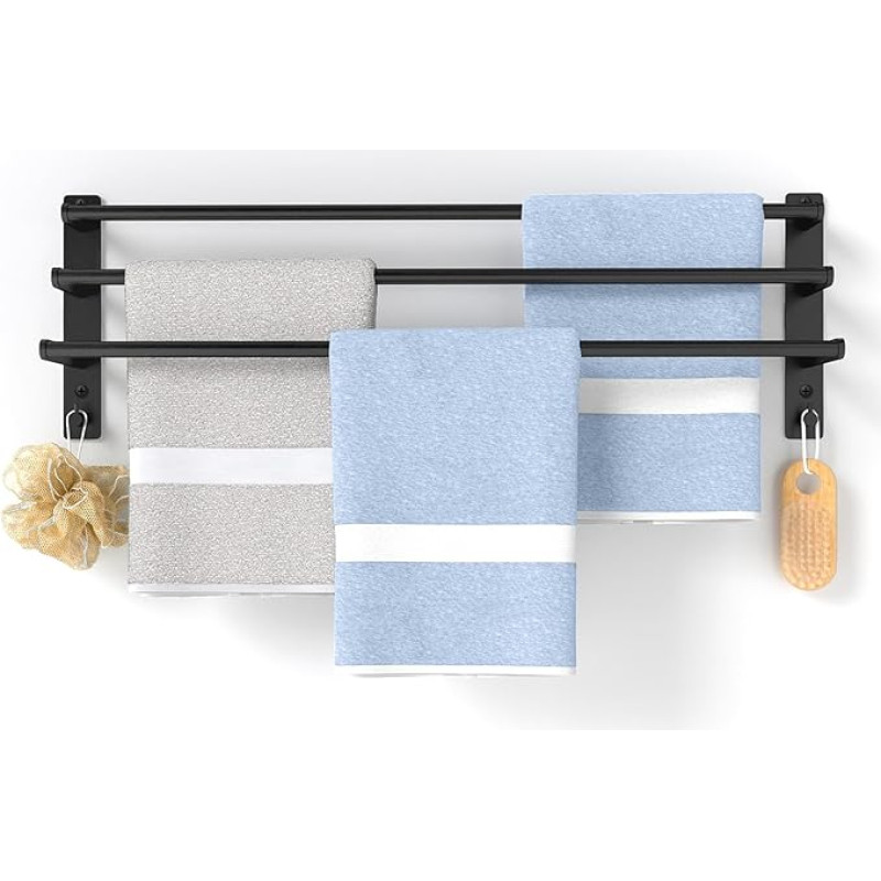 80 cm rankšluosčių džiovintuvas, be gręžimo, vonios rankšluosčių laikiklis, sieninis, juodas, 3 bėgeliai, vonios rankšluosčių laikiklis su gręžimu arba lipnus, vonios rankšluosčių laikiklis su 2 kabliukais, nerūdijantis plienas