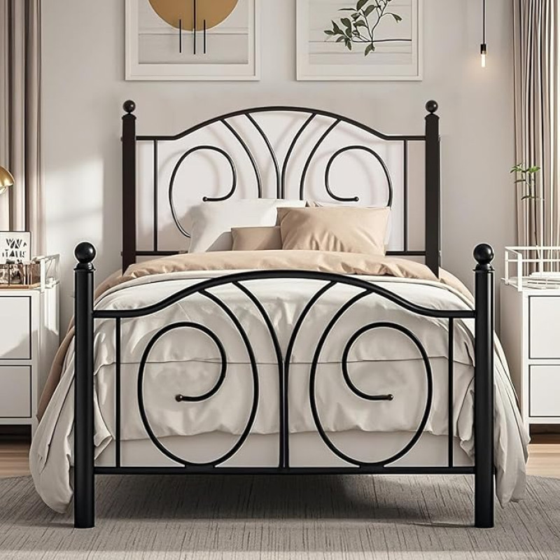 VECELO lovos rėmas 90 x 200 cm, metalinė lova su aukštu galvūgaliu ir kojūgaliu, moderni minimalistinė jaunimo lova miegamajame, svečių kambaryje, daug vietos po lova, juoda