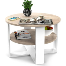 Apvalus ąžuolinis kavos staliukas, skersmuo 70 cm, šoninis staliukas su lentyna, Sonoma ąžuolas, 2 lygiai, apvalus modernus pramoninio dizaino kavos staliukas, pagamintas ES