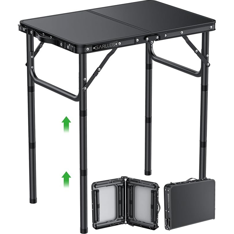 GARLLEN sulankstomas stovyklavimo stalas, 58 x 40 cm ir 3 reguliuojami aukščiai (26/48/70 cm), sulankstomas stalas, stovyklavimo stalas, nešiojamas stalas, grilio stalas, sodo stalas, pikniko stalas, skirtas stovyklavimui, piknikui, sodui (juodas)