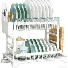 Generisch Dish Dryer for Worktop 2 Levels Removable with Cutlery Holder Cups Dryer Drain Board Space Saving Small Kitchen (White)