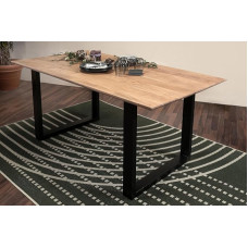 SAM Atlanta valgomojo stalas, 160 x 85 cm, akacijos medžio masyvas + natūralios spalvos, valgomojo stalas su šveicariškais kraštais, U-metalo rėmas, juodas, medžio masyvo stalas, 26 mm stalviršis