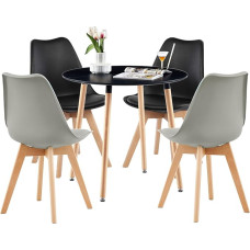 Apvalus valgomojo stalas su 4 juodomis ir pilkomis kėdėmis Valgomojo komplektas Medinis stalas Skandinaviškas kėdžių valgomojo stalo komplektas valgomajam Virtuvė 80 cm