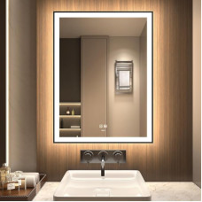 LED Bathroom Mirror, Makeup Cosmetic Mirror, Wall Mounted, Large Modern Frameless Illuminated Mirror, Anti-Fog + IP44 Waterproof + Vertical & Horizontal (80 x 60 cm)