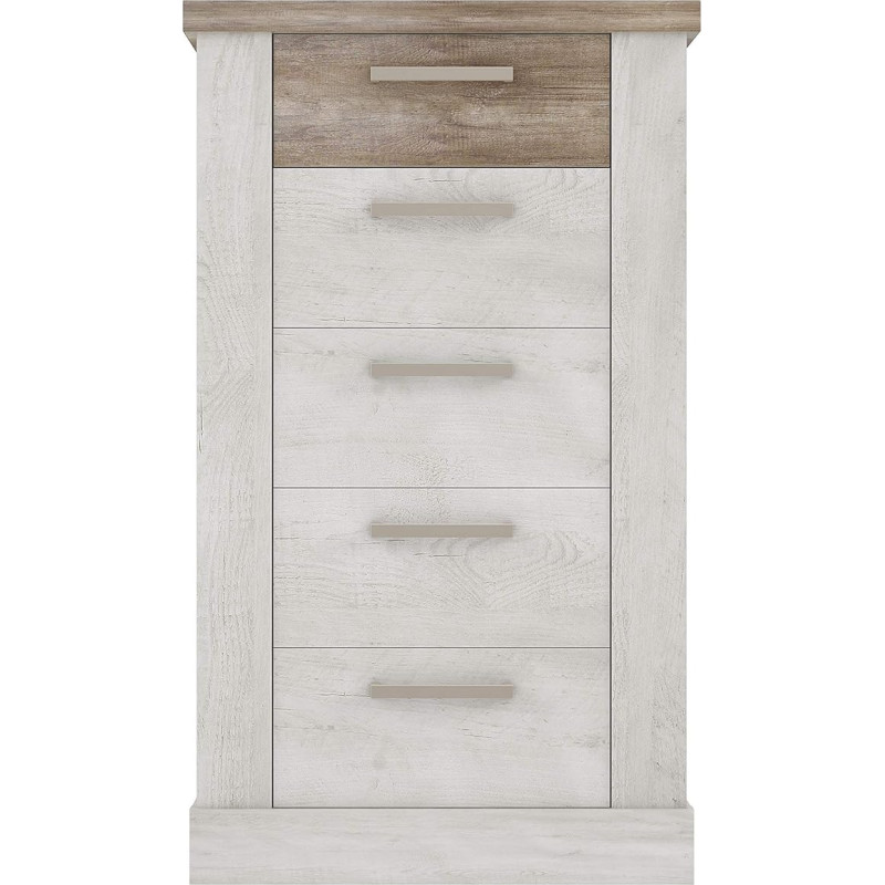 FORTE DURO komoda su 5 stalčiais, kompozitinė mediena, Pnie balta/antikinis ąžuolas, 62 x 106,3 x 41,3 cm
