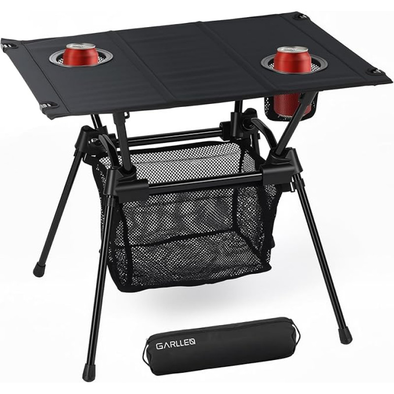GARLLEN sulankstomas stovyklavimo stalas, 60 x 43 x 51 cm, stovyklavimo stalas, sulankstomas stalas su gėrimų laikikliu, tinkliniu maišeliu ir krepšiu, itin lengvas sodo stalas, pikniko stalas, nedidelis stalas, skirtas paplūdimiui, žvejybai