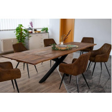 SAM Jannik valgomojo stalas su sparnuote, 140 (220) x 90 cm, medžio masyvo akacijos mediena, nugato spalva, 2 pritvirtinamos lėkštės 40 x 90 cm, tikra sparnuotė, juodos spalvos metalinis rėmas 