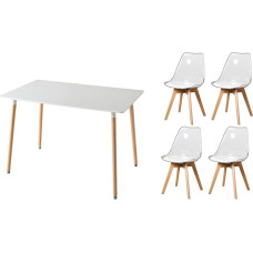 Kitchen Dining Table Chair Set with 4 Chairs, 110 cm White Rectangular Wooden Dining Table, Transparent Nordic Modern Chairs, Suitable for Dining Room, Kitchen, Living Room (White + White)