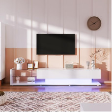 TV Cabinet, 170 cm, Lowboards, High Gloss Living Room Furniture, TV Chest of Drawers with Glass Partitions and Variable LED Lighting, Natural, Rustic Style with Modern Design (White)
