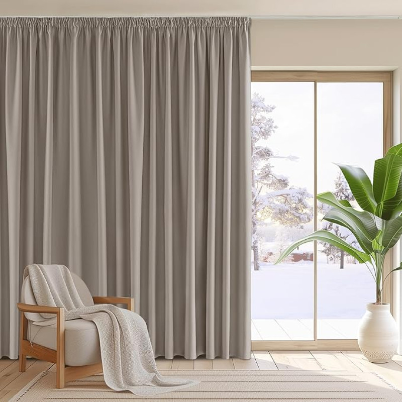 PONY DANCE Extra Wide Curtains Living Room Ruffle Tape 1 Piece Blackout Curtain Thermal Curtain Cold Protection Over Curtains with Ruffle Tape for Rail System, H 260 x W 300 cm, Sand