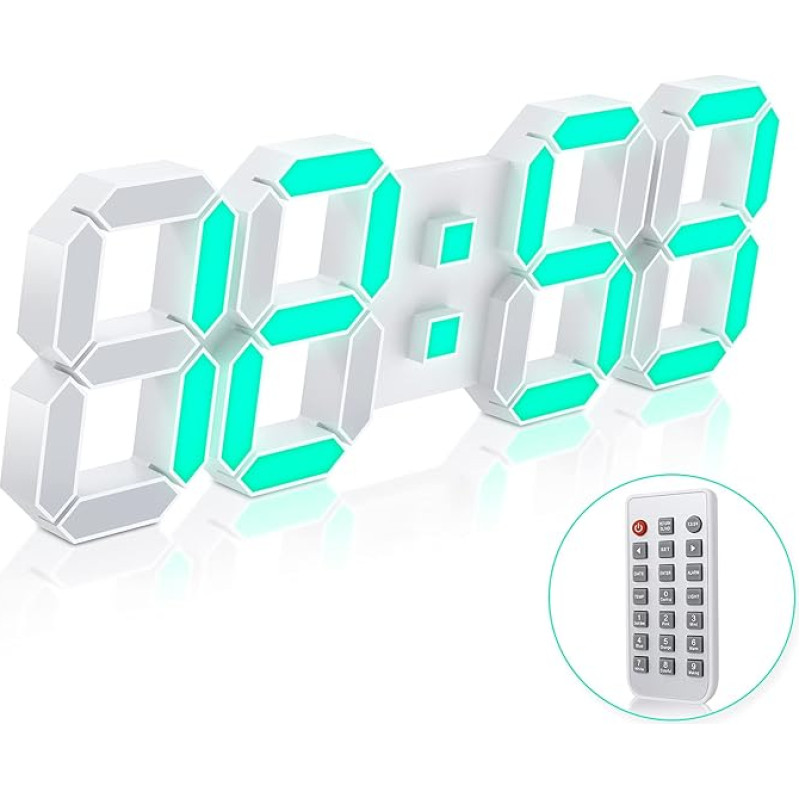 EDUP HOME 7 spalvų 3D LED sieninis skaitmeninis laikrodis su nuotolinio valdymo pulteliu, 15 colių LED žadintuvas, pritemdomas naktinis apšvietimas, USB 12/24 val. datos, temperatūros ir kalendoriaus ekranas, skirtas miegamajam