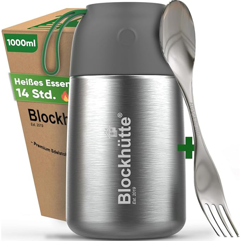 Blockhütte Stainless Steel Thermal Container for Food I 1L I with Spork, Brush, Thermal Lunch Box for Children, Adults, Soup, Warming Box, To-Go Soup Container, Thermal Box for Lunch