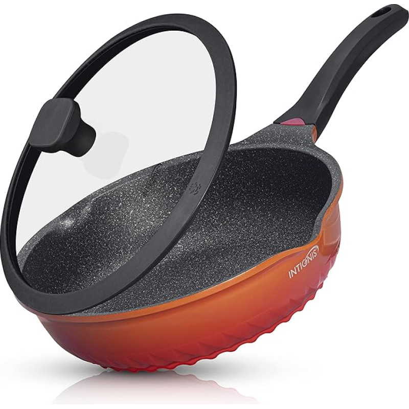 INTIGNIS Premium Frying Pan with Lid, Scratch-Resistant, 28 cm, Extra Deep, Compatible with All Hobs, Including Induction, Chemical Free, Super Non-Stick Coating (Orange, 28 cm)